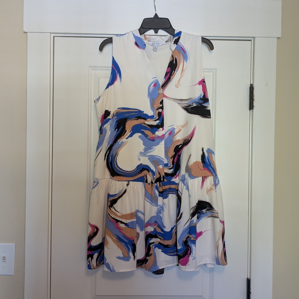 Nine West White Sleeveless Dress with Blue, Black, Pink & Tan Swirl Print